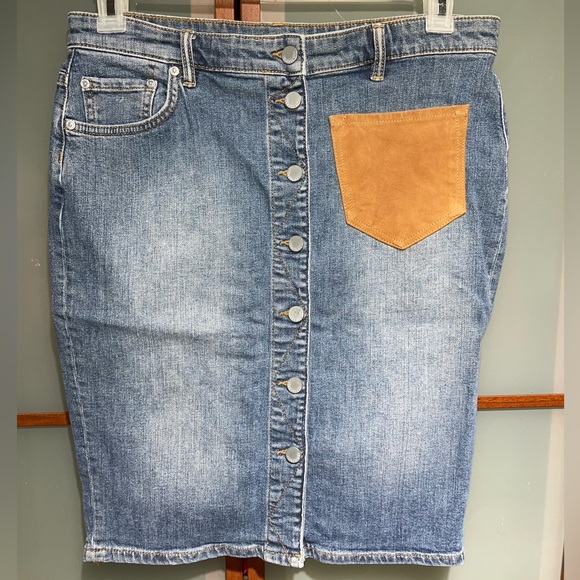 All Saints Goat Leather Trimmed Pocket Button Up Blue Denim Jeans Skirt 10 US - Picture 4 of 7